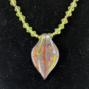 Vintage Artisan Glass Pendant on Green Beaded Necklace